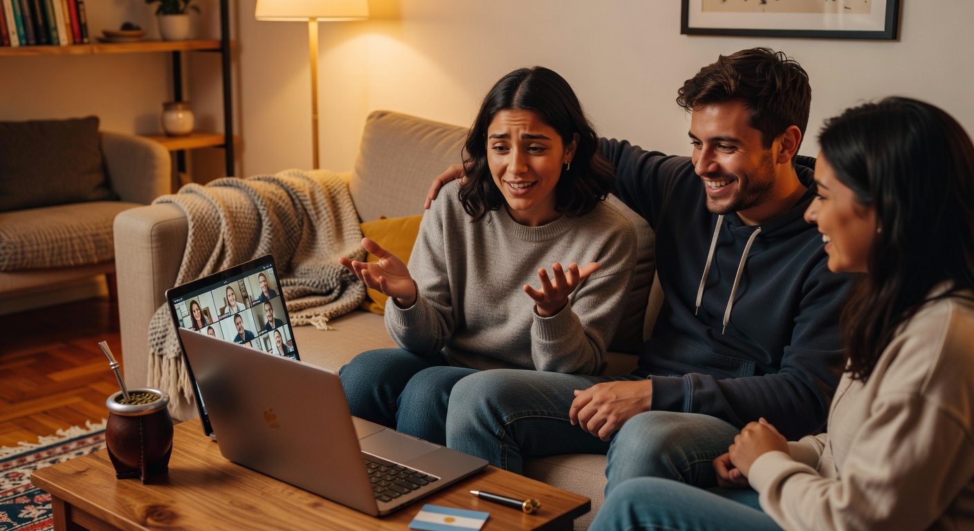 People having a video chat conversation in an urban Argentine setting.