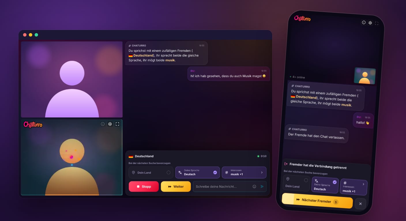 Der neue Chat von Chaturro auf einem Laptop und einem Handy: Der Chat beginnt mit einer Nachricht, dass dein Gegenüber aus Deutschland kommt, deine Sprache spricht und Musik mag; das Handy zeigt die Bedienung zwischen zwei Chats.