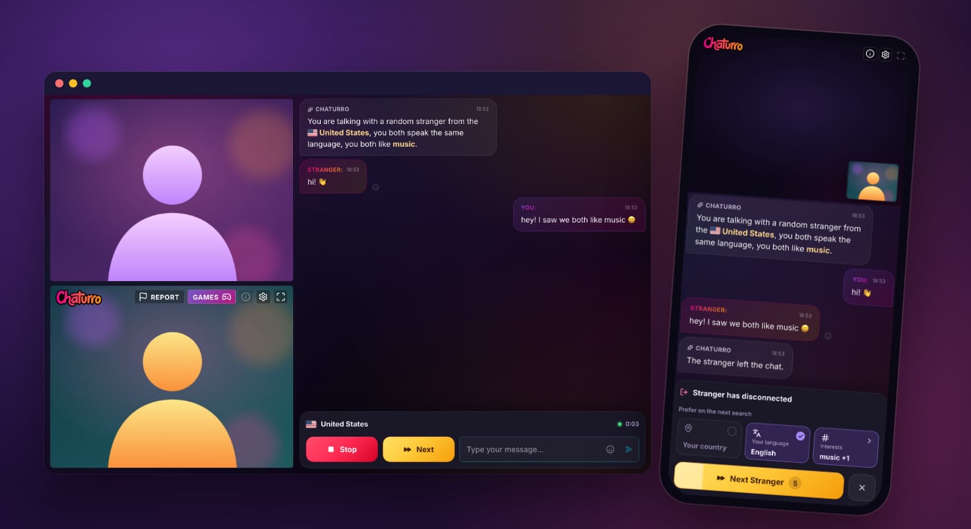 The new Chaturro chat on a laptop and a phone: the chat opens with a message saying the stranger is from the United States, speaks your language and likes music, and the phone shows the controls between two chats.