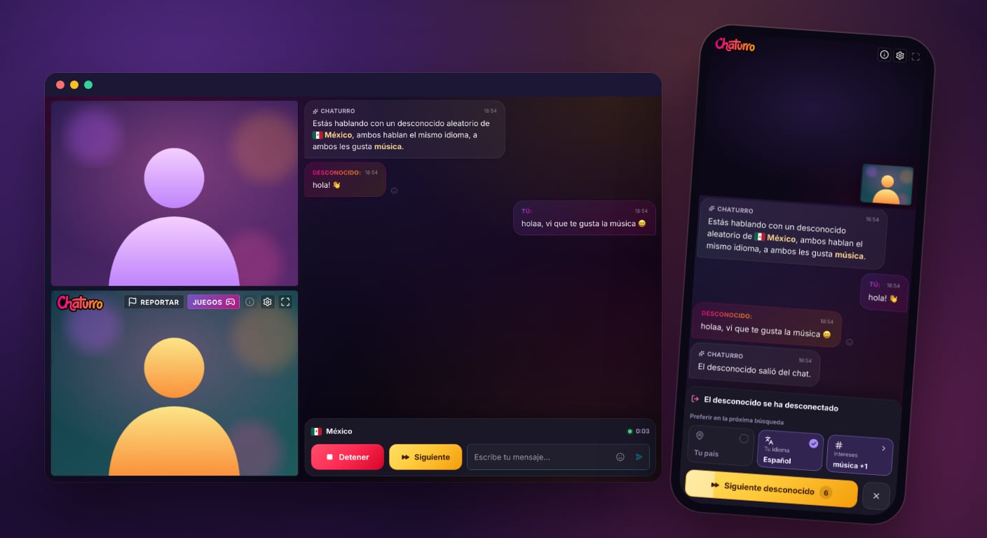El chat nuevo de Chaturro en una laptop y en un celular: el chat arranca con un mensaje que dice que el desconocido es de México, habla tu idioma y le gusta la música, y el celular muestra los controles entre dos chats.