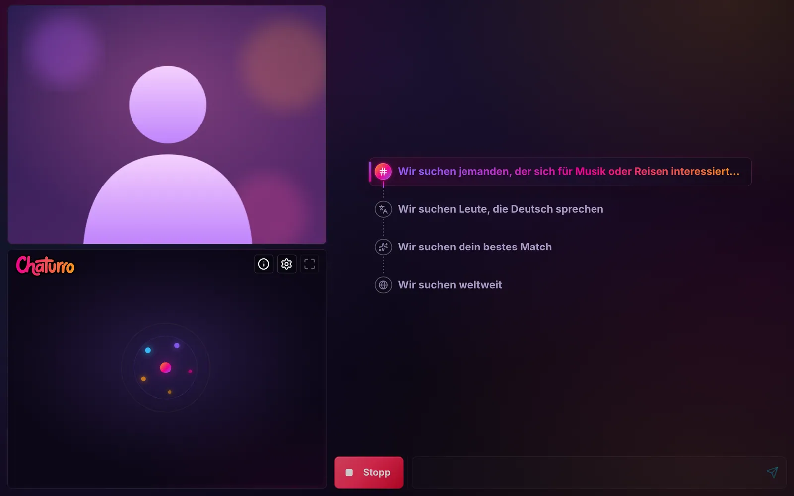 Der Chat von Chaturro auf einem Laptop während der Suche: Der erste Schritt, die Suche nach jemandem, der sich für Musik oder Reisen interessiert, ist hervorgehoben; danach folgen Leute, die Deutsch sprechen, dein bestes Match und die weltweite Suche.