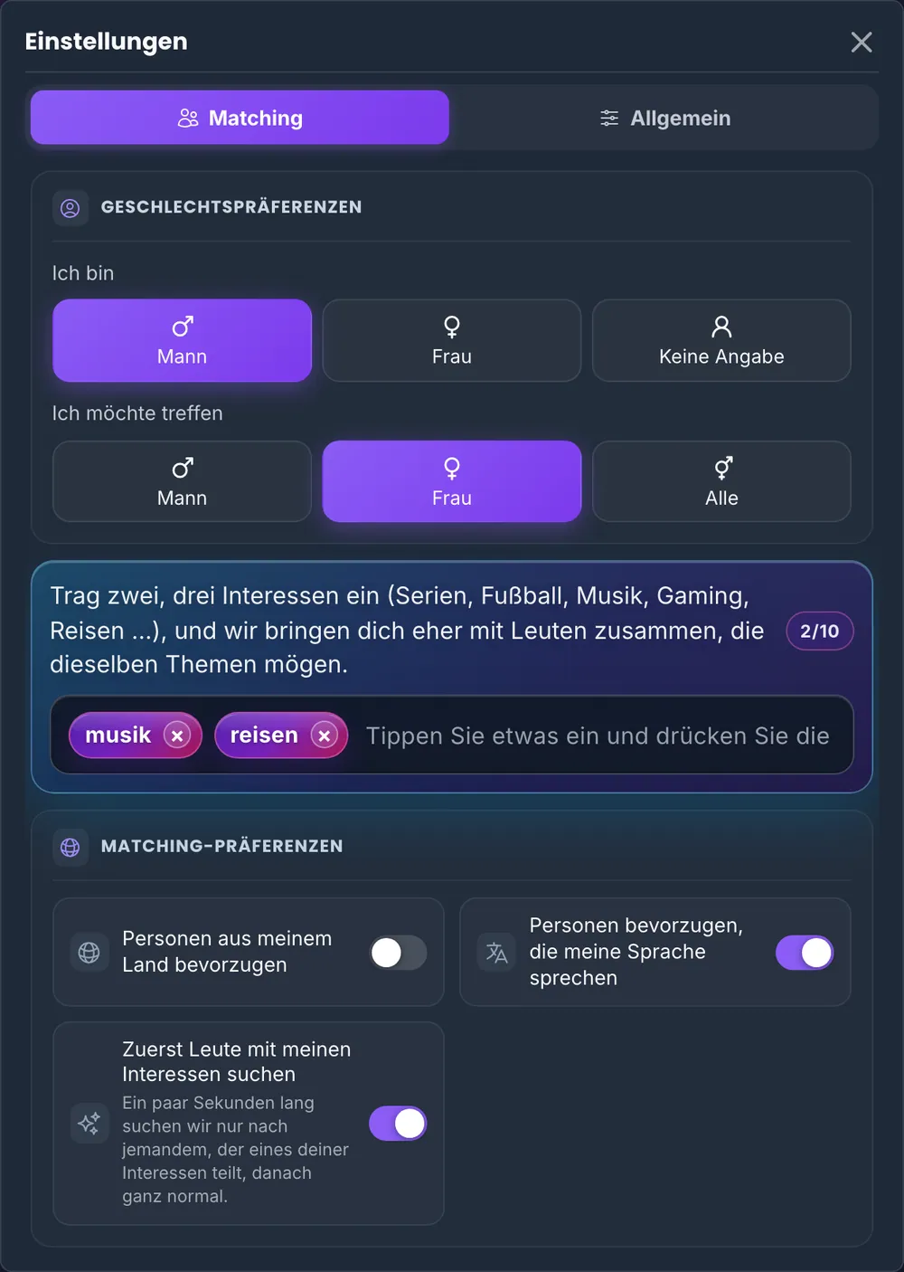 Die Matching-Einstellungen von Chaturro: Geschlechterpräferenzen, zwei Interessen (Musik und Reisen) und Schalter für Land, Sprache und die Suche nach Leuten mit deinen Interessen.