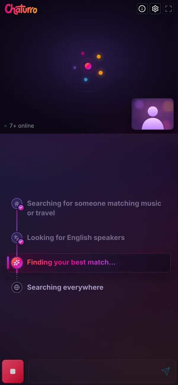 The Chaturro search on a phone: the interest and language steps are checked off and finding your best match is the active step, with searching everywhere next.