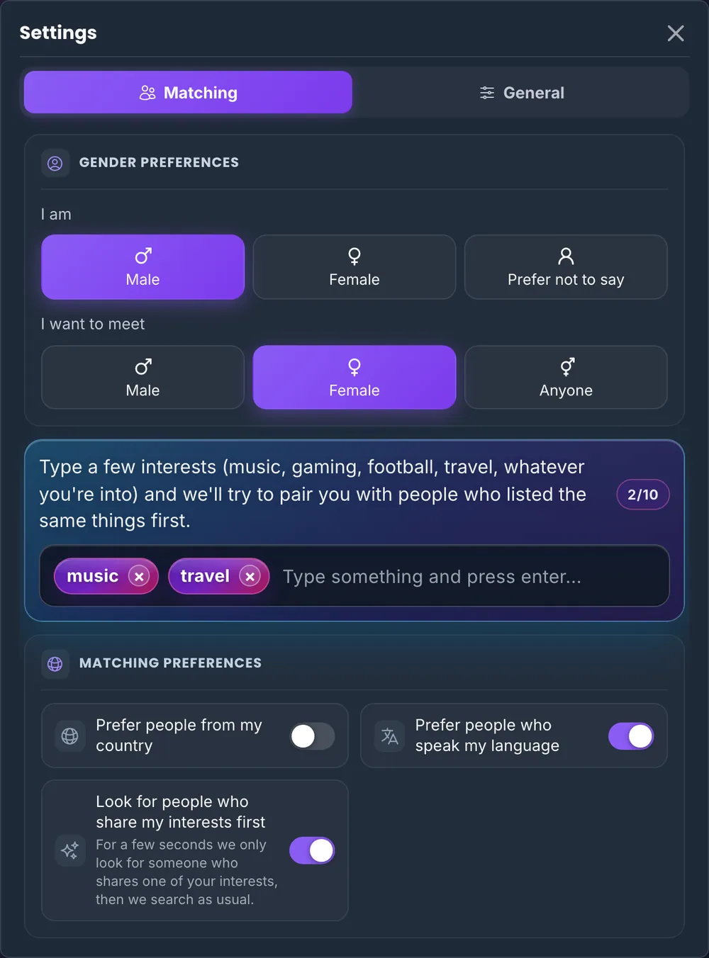 The Chaturro matching settings: gender preferences, two interests (music and travel), and switches for country, language and searching people with your interests first.
