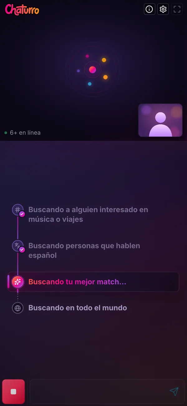 La búsqueda de Chaturro en un celular: los pasos de intereses e idioma tienen un tilde y el paso activo es buscando tu mejor match; después viene buscar en todo el mundo.
