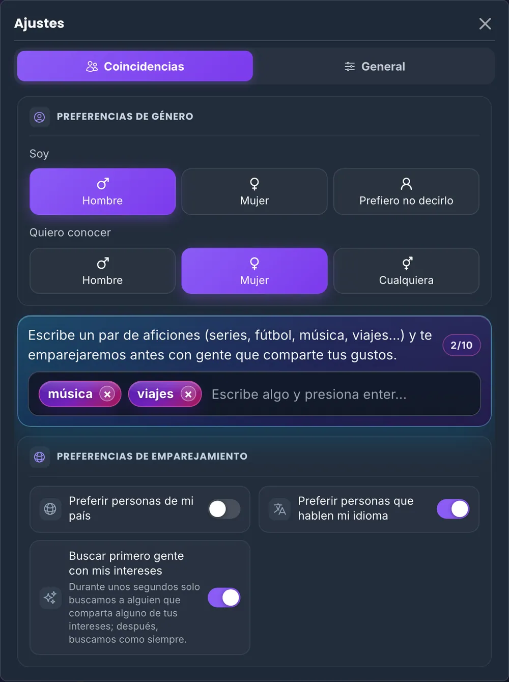 Los ajustes de emparejamiento de Chaturro: preferencias de género, dos intereses (música y viajes) e interruptores para país, idioma y buscar primero gente con tus intereses.