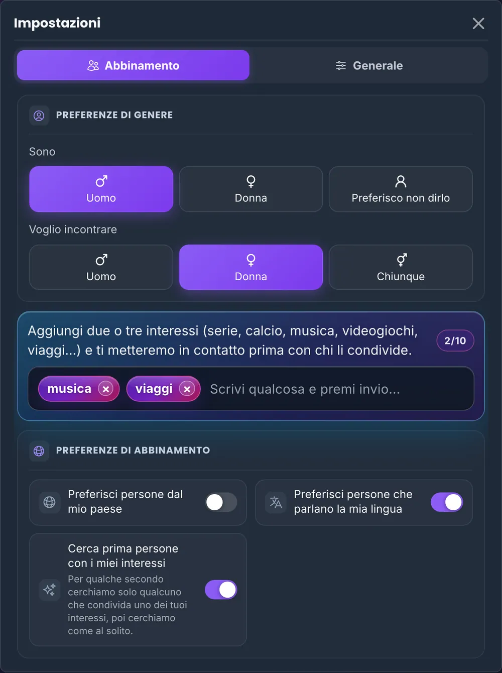 Le impostazioni di abbinamento di Chaturro: preferenze di genere, due interessi (musica e viaggi) e interruttori per paese, lingua e la ricerca di persone con i tuoi interessi.