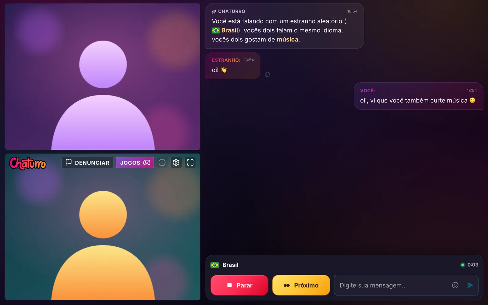 Um chat do Chaturro em um notebook: começa com uma mensagem dizendo que você está falando com um estranho aleatório do Brasil, que vocês falam o mesmo idioma e que os dois gostam de música; embaixo, as primeiras mensagens e os botões Parar, Próximo e a caixa de texto.