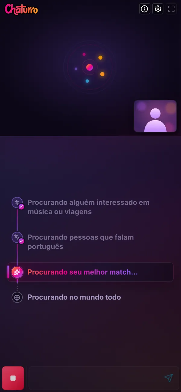 A busca do Chaturro no celular: as etapas de interesses e idioma têm um check e a etapa ativa é procurando seu melhor match; depois vem procurar no mundo todo.