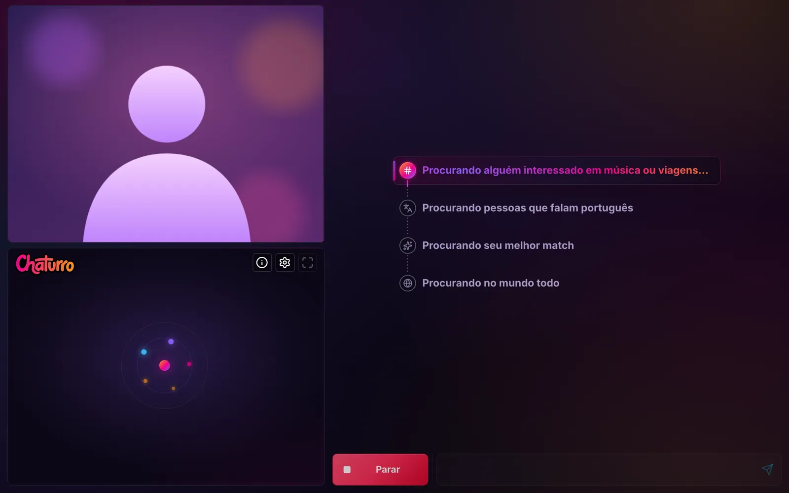 O chat do Chaturro buscando em um notebook: a primeira etapa, procurando alguém interessado em música ou viagens, está em destaque, seguida de pessoas que falam português, seu melhor match e o mundo todo.