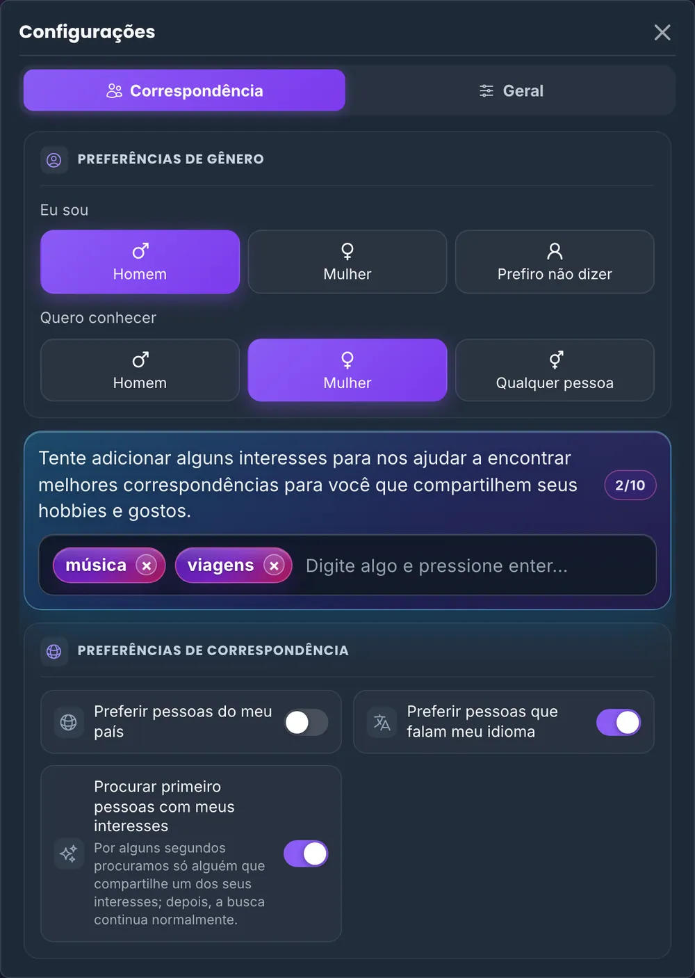 As configurações de pareamento do Chaturro: preferências de gênero, dois interesses (música e viagens) e chaves para país, idioma e procurar primeiro pessoas com os seus interesses.