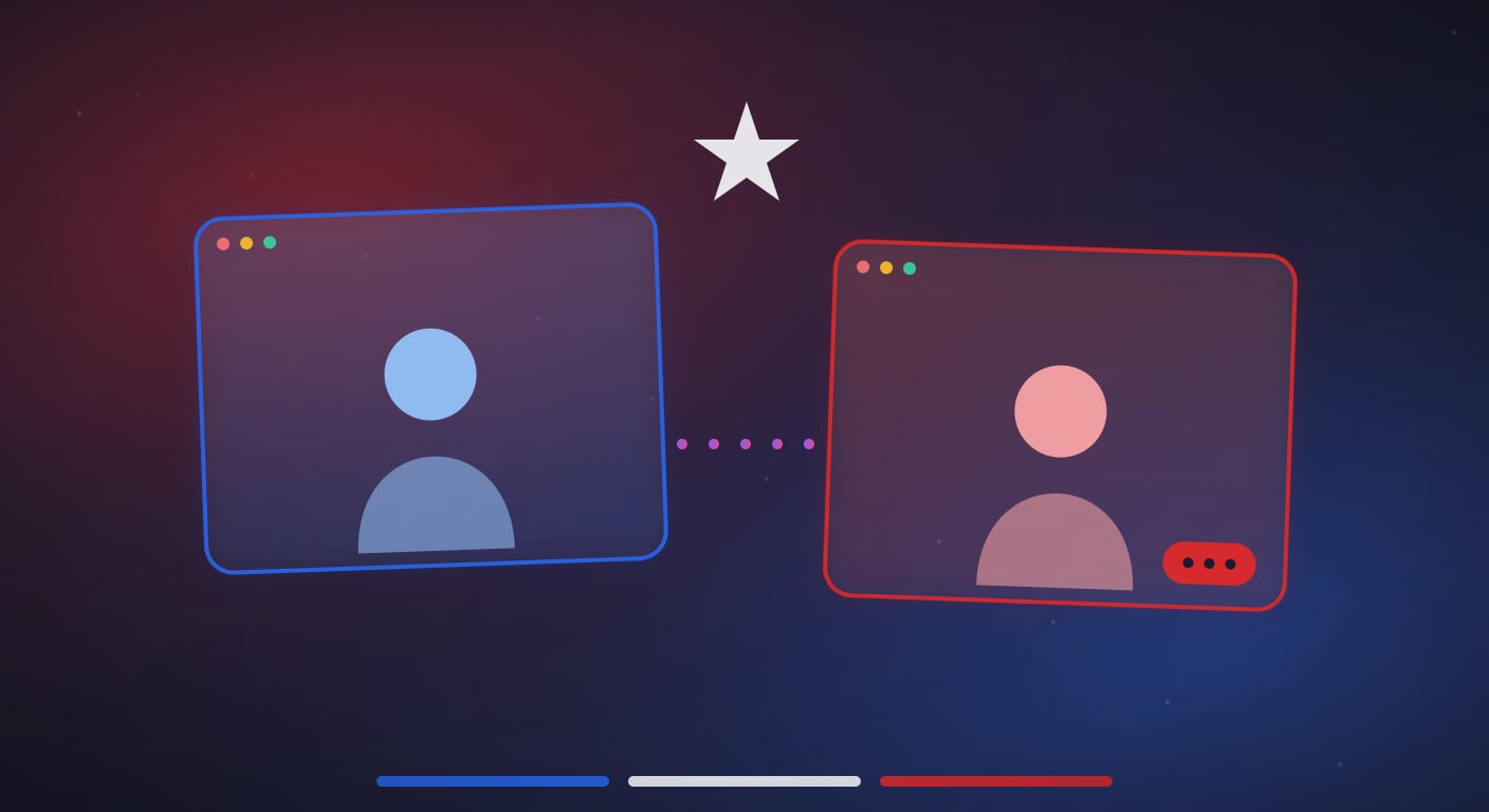 Dos ventanas de video chat en azul y rojo con la estrella y los colores de Chile.
