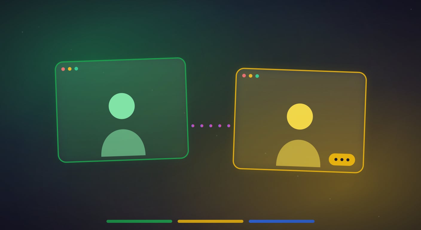 Dos ventanas de video chat en verde y amarillo de Brasil, conectadas por puntos.
