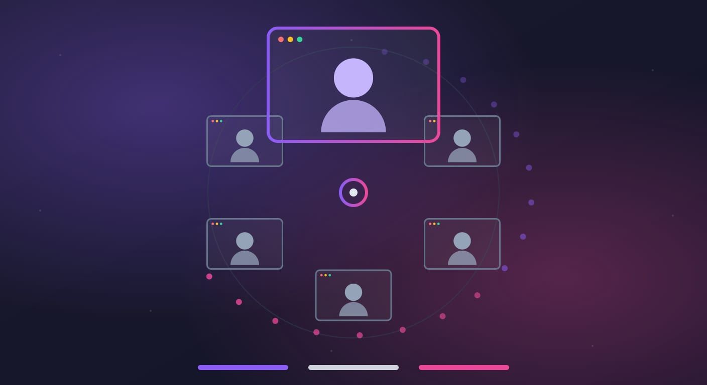 Ventanas de video chat dispuestas en círculo como una ruleta, con una resaltada en violeta y rosa.